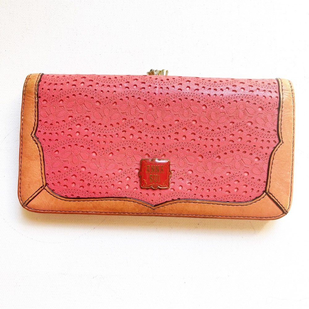 Anna Sui Lasercut Leather Kiss Lock Fold Over Long Wallet Floral Tan Pink